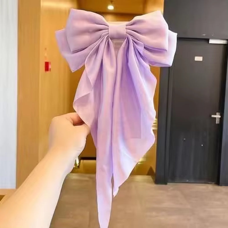 Luxury Elegant Silk Fabric Long Bow Girls Hair Clips Accessories Bowknot Ribbon Hairpin Pink Satin Bow Hairgrips for Women