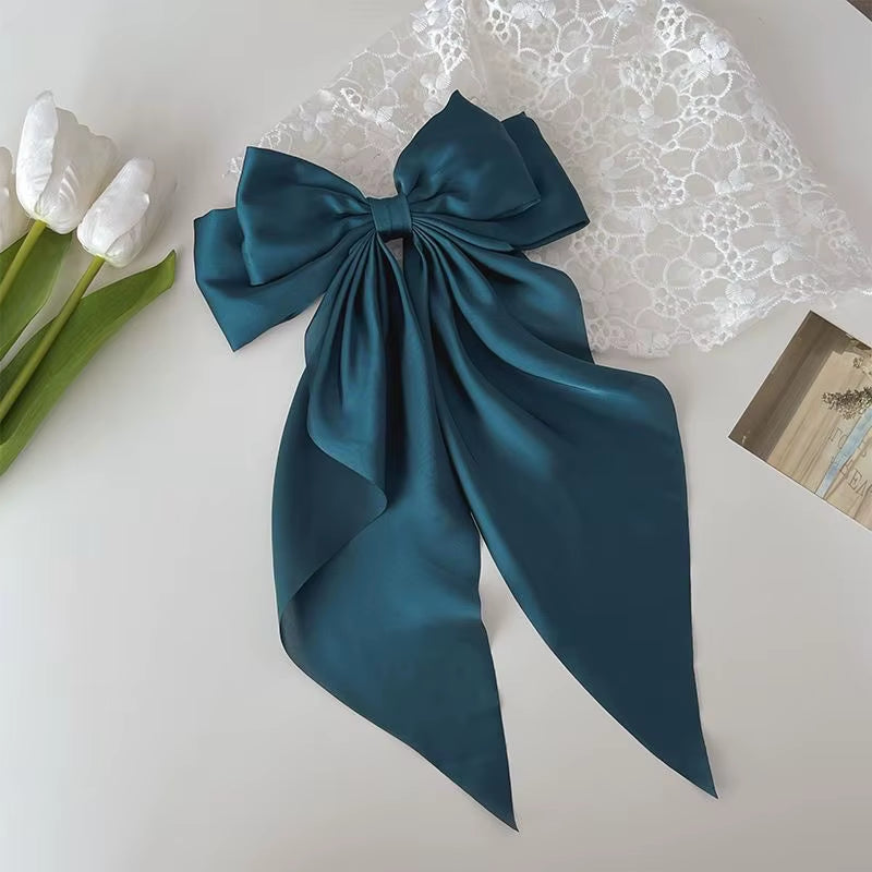 Luxury Elegant Silk Fabric Long Bow Girls Hair Clips Accessories Bowknot Ribbon Hairpin Pink Satin Bow Hairgrips for Women
