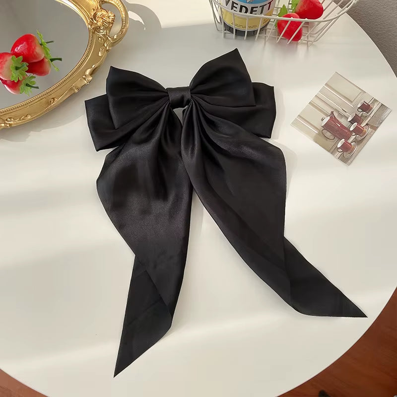 Luxury Elegant Silk Fabric Long Bow Girls Hair Clips Accessories Bowknot Ribbon Hairpin Pink Satin Bow Hairgrips for Women